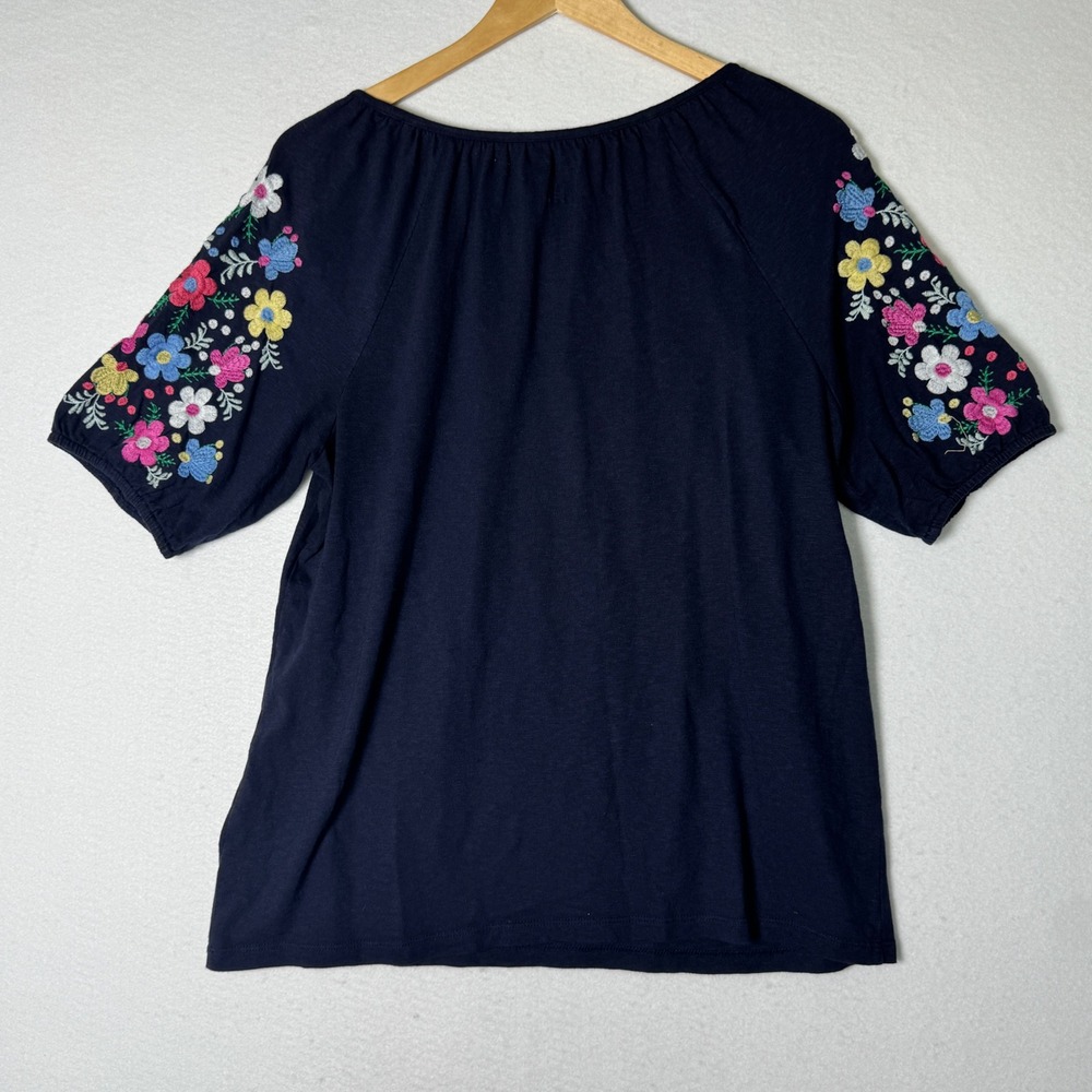 Talbots Petite Embroidered Floral Navy Blue Cotton Modal Short‎ Sleeve Top MP - Picture 3 of 10